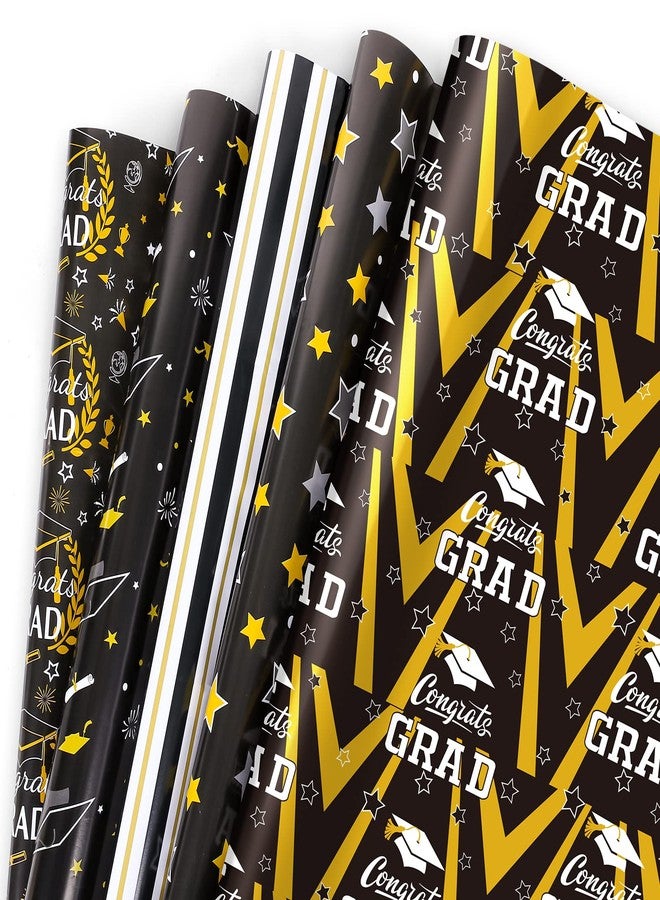 وولاين ورق تغليف هدايا التخرج من والين، ١٢ ورقة، ورق تغليف هدايا التخرج، ٥ تصاميم، أسود وذهبي، ورق فني مزخرف لحفلات التخرج الجامعية، أعمال يدوية، تغليف الهدايا، ١٩.٧ × ٢٧.٦ بوصة، مطوي بشكل مسطح - Image 1